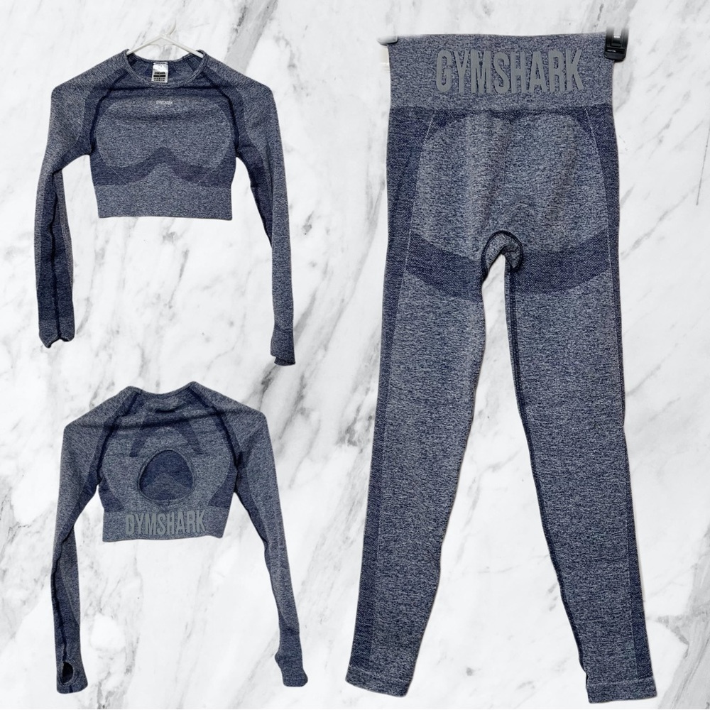 Gymshark SET FLEX High Waisted Leggings Pants Long sleeve top Gym small blue